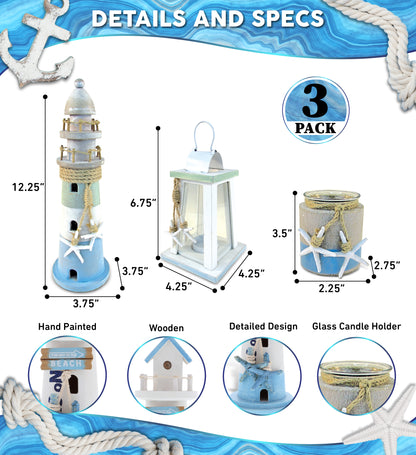 Nautical - Pillar Candle Holder, Lighthouse, and Lantern, Decorative Beach Style Table - Set of 3