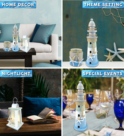 Nautical - Pillar Candle Holder, Lighthouse, and Lantern, Decorative Beach Style Table - Set of 3