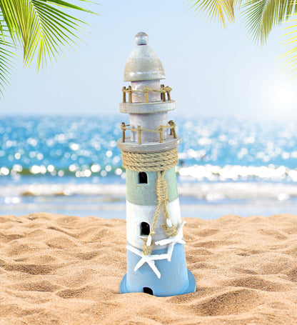 Nautical - Pillar Candle Holder, Lighthouse, and Lantern, Decorative Beach Style Table - Set of 3