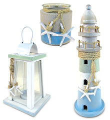 Nautical - Pillar Candle Holder, Lighthouse, and Lantern, Decorative Beach Style Table - Set of 3
