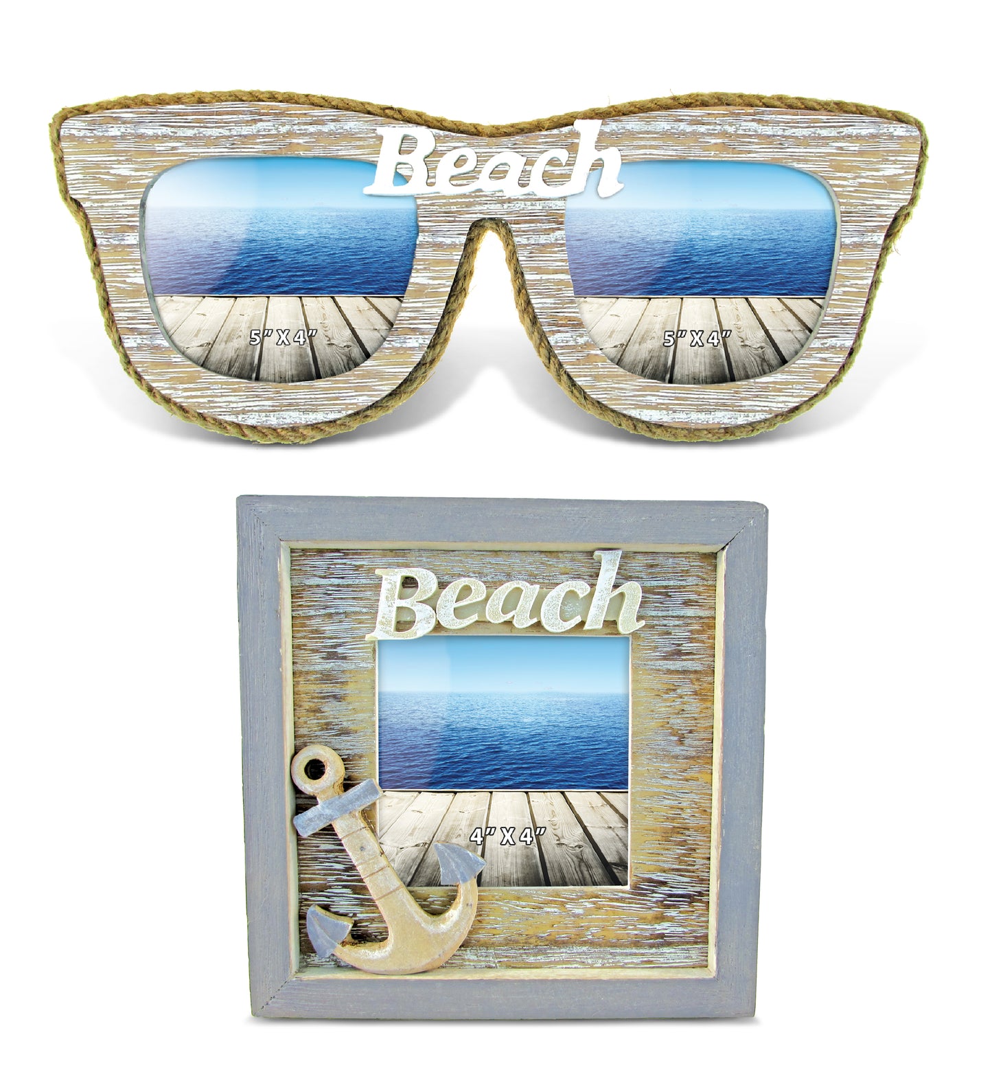 Nautical - Vintage Beach Sunglass Double Photo Frame and Vintage Beach Frame with Anchor - Set of 2