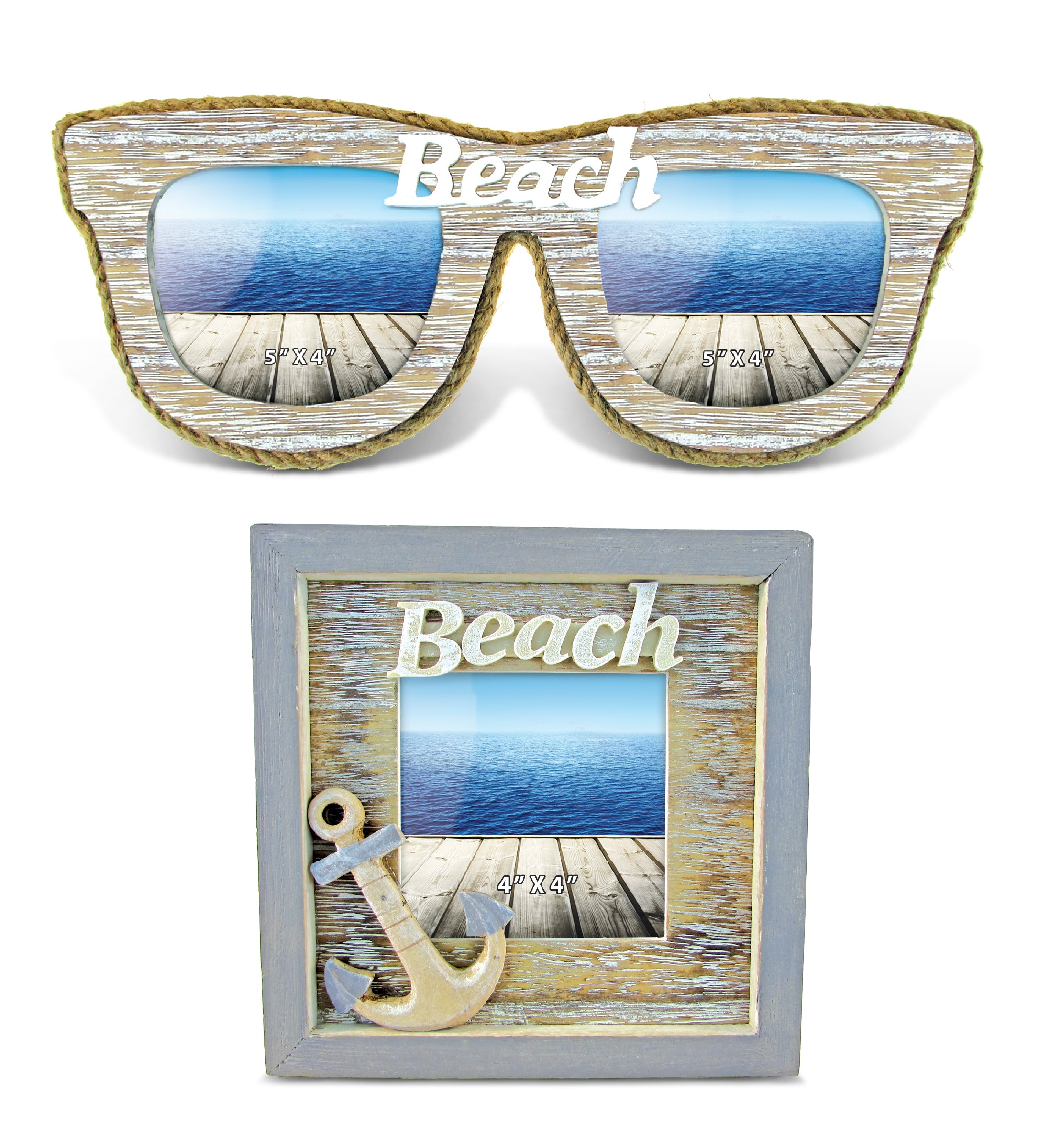 Nautical - Vintage Beach Sunglass Double Photo Frame and Vintage Beach Frame with Anchor - Set of 2