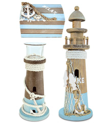 Lighthouse Decoration Figure, and Tealight Candle Holder, Decorative Beach Style Table Top Centerpiece Coastal Decor - Set of 3