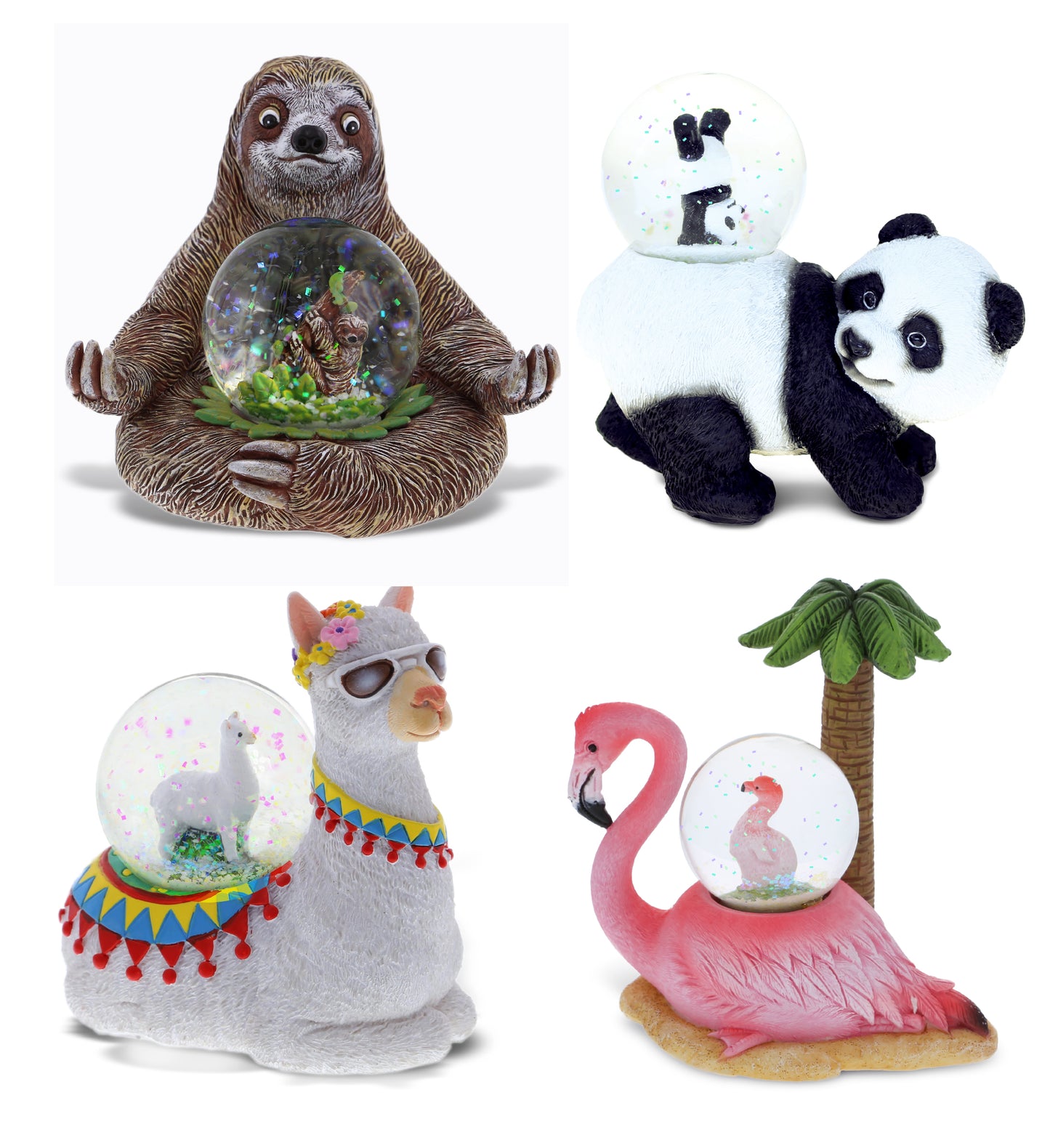 Sloth, Llama, Flamingo, Panda Snow Globe - Set of 4